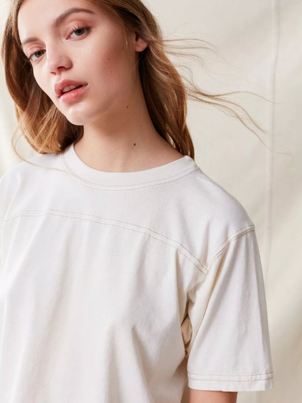 Urban Renewal Remade Ecru Contrast Stitch Crew-Neck T-Shirt